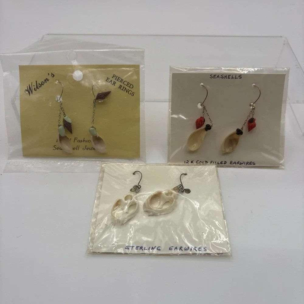 Vtg~Real Sea Shell~Pierced Dangle Earrings~Set of‎ 3
